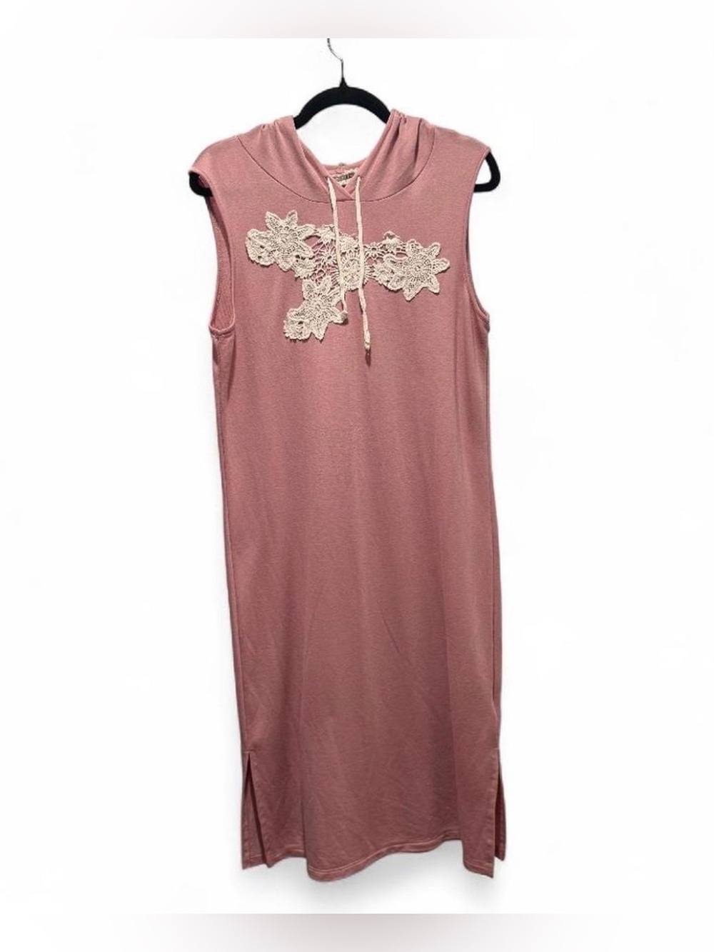 Hiatus Sleeveless Rose Midi Hoodie Dress with Cream Lace Appliqué
